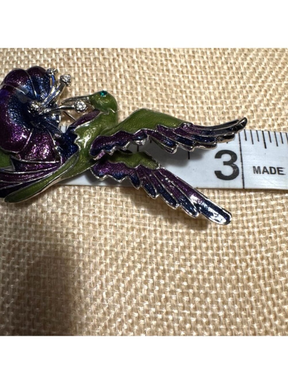 Vintage Hummingbird Brooch Green & Purple Enamel Floral Design 3 Inches - Picture 7 of 7